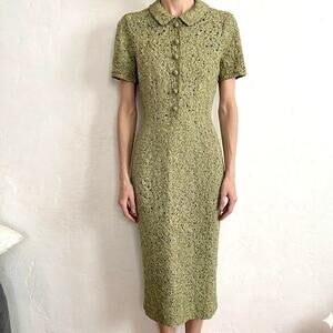 knee length form fitting dresses 1950s Short Sleeved Leaf Print Dress by Pat Farrell in Green - Size 10 main image 1